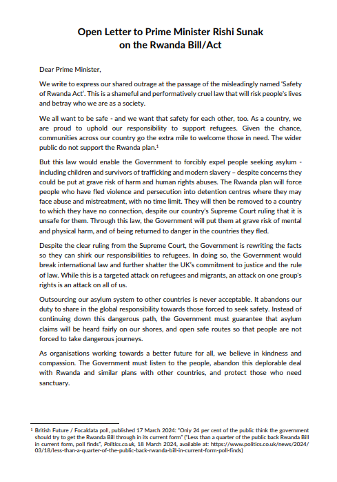 We have written with @JCWI_UK and others to express our 'shared outrage' at the passage of the #RwandaBill. 'We believe in kindness and compassion. The Government must abandon its deplorable deal with Rwanda, and protect those in need of sanctuary.' #FightTheAntiRefugeeLaws