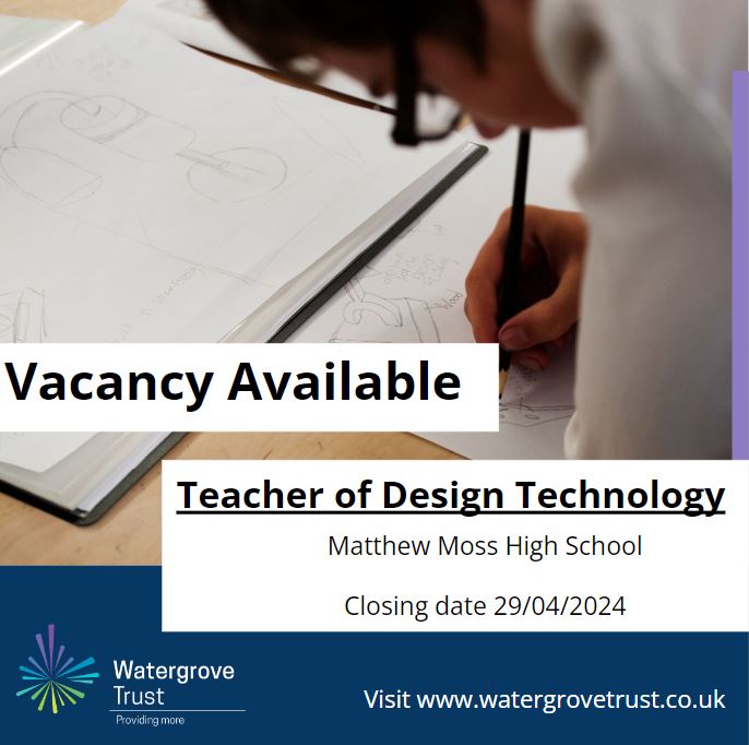 Matthew Moss High School seeks to appoint a suitably qualified, dynamic and inspirational Teacher of Design Technology to join our team 🚨

Apply here: bit.ly/3Ws66xd

#providingmore #watergrovetrust #getrochdaleworking #vacancies #CHANGE
