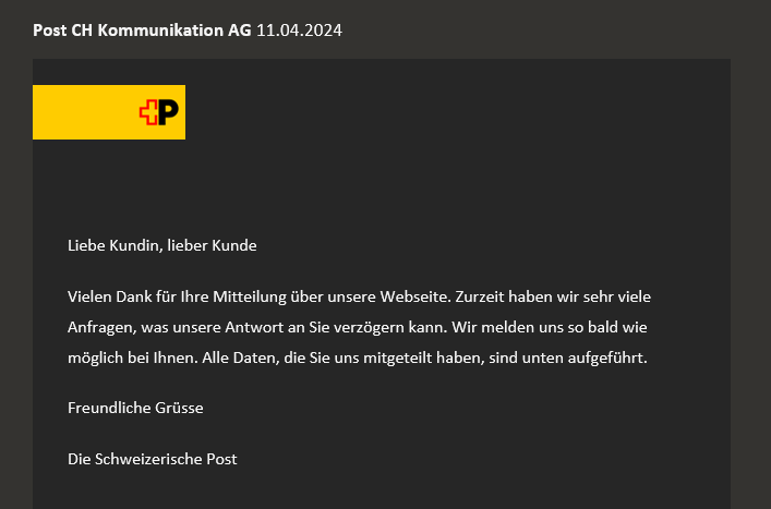 Was wohl schneller bei mir ankommt, die Mahnung für die Rechnung oder eine Antwort auf meine Mitteilung? <a href="/postschweiz/">PostSchweiz</a>