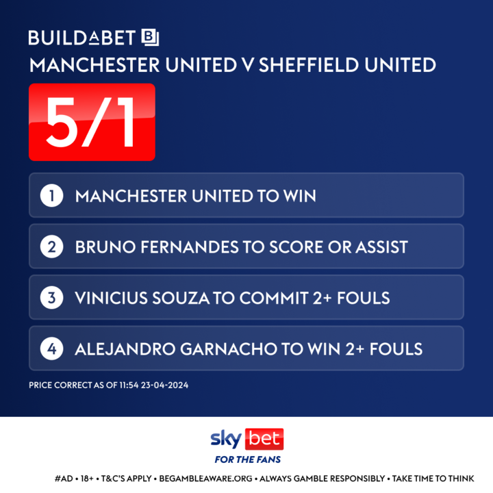 Our BuildABet for Man United v Sheffield United! ⚽️

FERNANDES: Has 8 goals & 6 assists in the PL this season
SOUZA:  Sheff Utd's second highest fouler
GARNACHO:  Averaging over 2 fouls won per 90 minutes

5/1 bet-slip HERE 👉 
footyaccums.bet/MUNvSHUBAB2404…

#Ad 18+ BeGambleAware