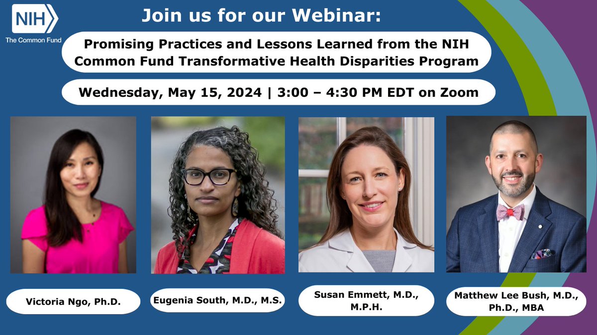 #NIHCommonFund’s Transformative Research to Address #HealthDisparities and Advance #HealthEquity (THD) Program is hosting a webinar on 5/15 to highlight 3 research projects! Register by 5/10 to learn about progress, #CommunityEngagement, & lessons learned: roseliassociates.zoomgov.com/webinar/regist…