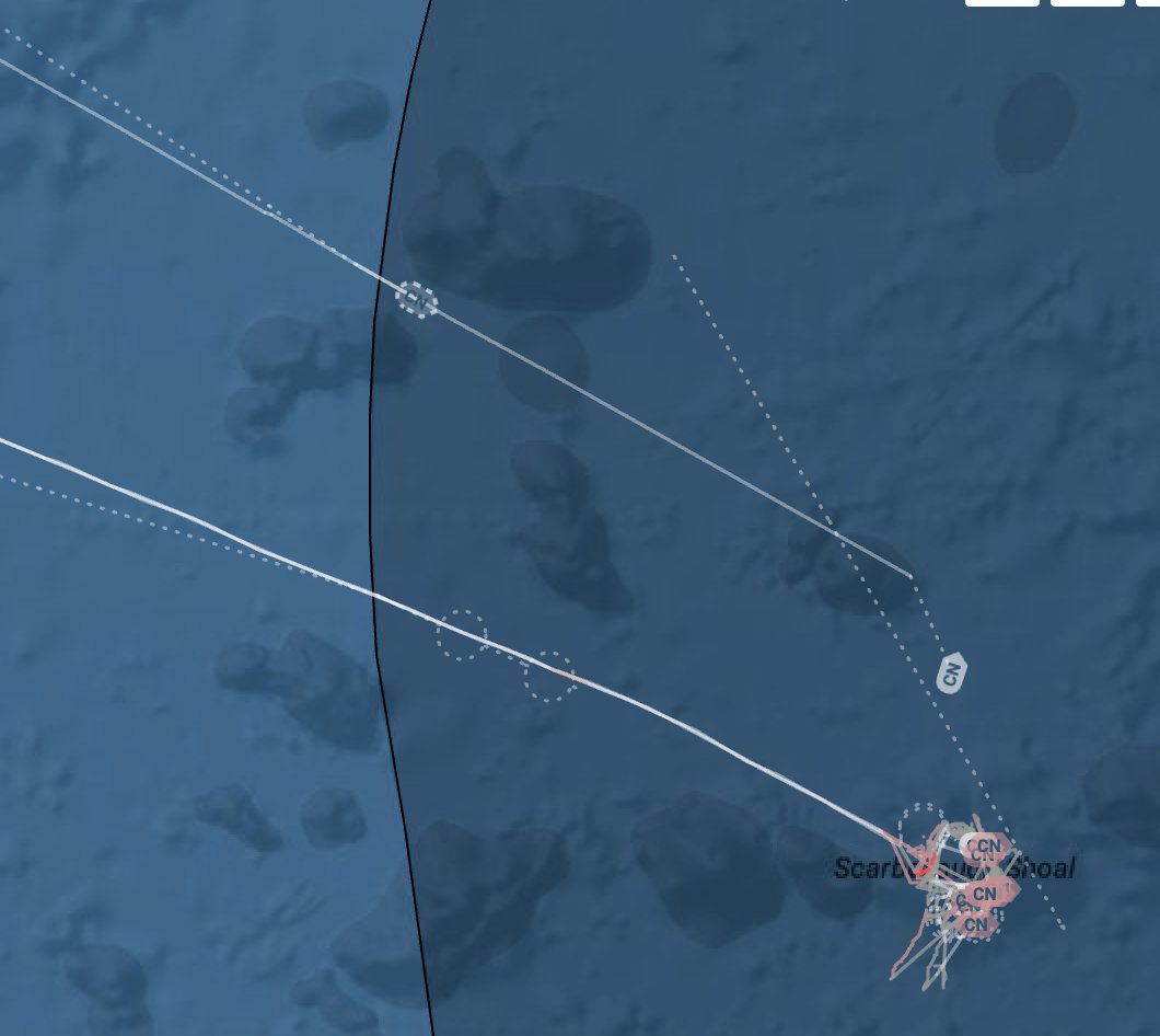 Scarborough Shoal has been crowded with 🇨🇳#China Coast Guard & maritime militia for weeks. Today I'm tracking 2 more CCG ships arriving, 4301 & 4106, in addition to 3105 & 3106 already in the area. Also 14 large Qiong Sansha Yu militia there on the eve of 🇵🇭🇺🇸Exercise Balikatan.