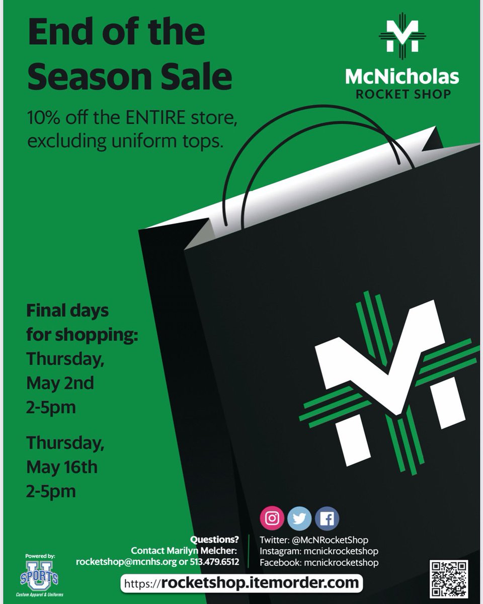 Final OPEN days, PLUS… STOREWIDE 10% off SALE 5/2 and 5/16 dates 2-5pm only💝 Excludes uniform tops!! CLOSED this Thursday, 4/25.  Stock up with all your ROCKET swag! See you then!🛍️. <a href="/mcnicholashs/">McNicholas HS</a>  @mcnicksportsperformance <a href="/mcnathletics/">McNicholas Athletics</a> @mcnickalumni <a href="/FutureRockets/">McNicholasAdmissions</a>