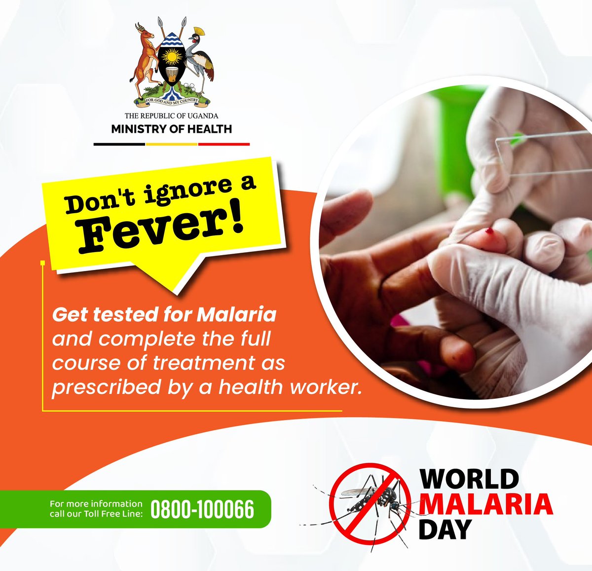 Do NOT ignore a fever. 
Go to the nearest health facility and get tested for #Malaria immediately and follow your health worker's guidance. #WorldMalariaDay24 #MalariaFreeUG 
@MinofHealthUG