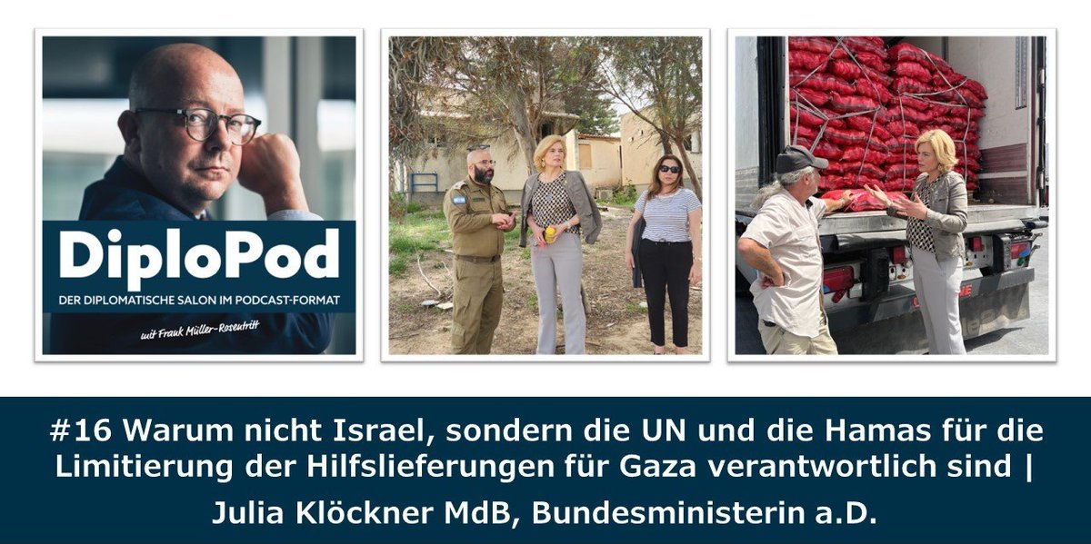 Warum gelangen viele der international bereitgestellten Hilfsgüter nicht zu den Menschen im #Gazastreifen, für die sie bestimmt sind? In der neuen Folge des DiploPod 🎙 spreche ich mit @JuliaKloeckner über ihren Besuch in #Israel und an der Grenze zu Gaza: open.spotify.com/episode/2ZsiBc…