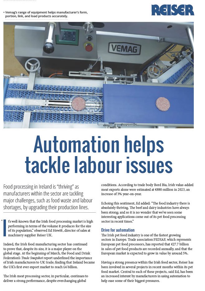 Reiser_UK's tweet image. How can automation help alleviate labour issues in meat &amp;amp; food production?

Reiser UK director of sales Ed Hewitt spoke to Meat Management magazine on how Reiser solutions in food, meat &amp;amp; petfood are helping customers in Ireland tackle these issues in processing &amp;amp; packaging.