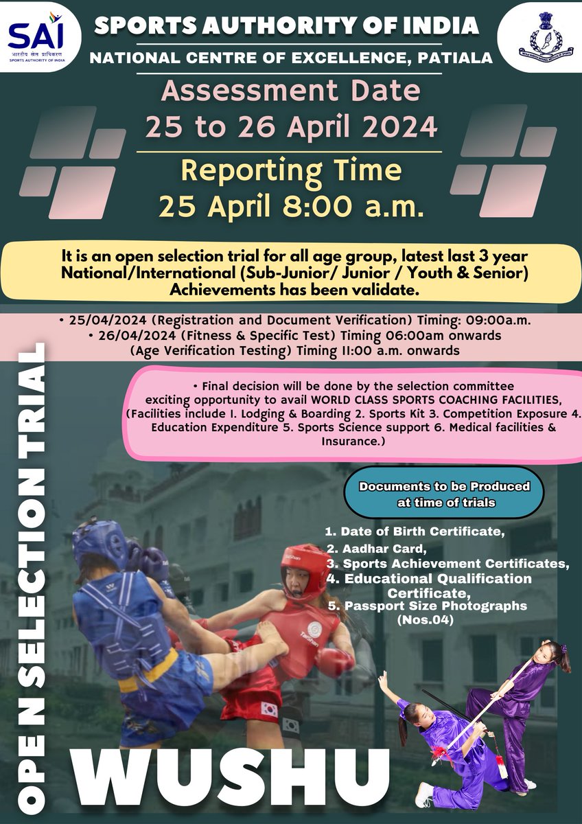 SAI_Patiala's tweet photo. Announcement: SAI NCOE Patiala is all set to conduct Open Selection Trials for Wushu athletes on 25th & 26th April 2024
For more information visit NSNIS Patiala website.
#WushuTrials #NSNIS #NCOEPATIALA https://t.co/AT5kvK9H2K