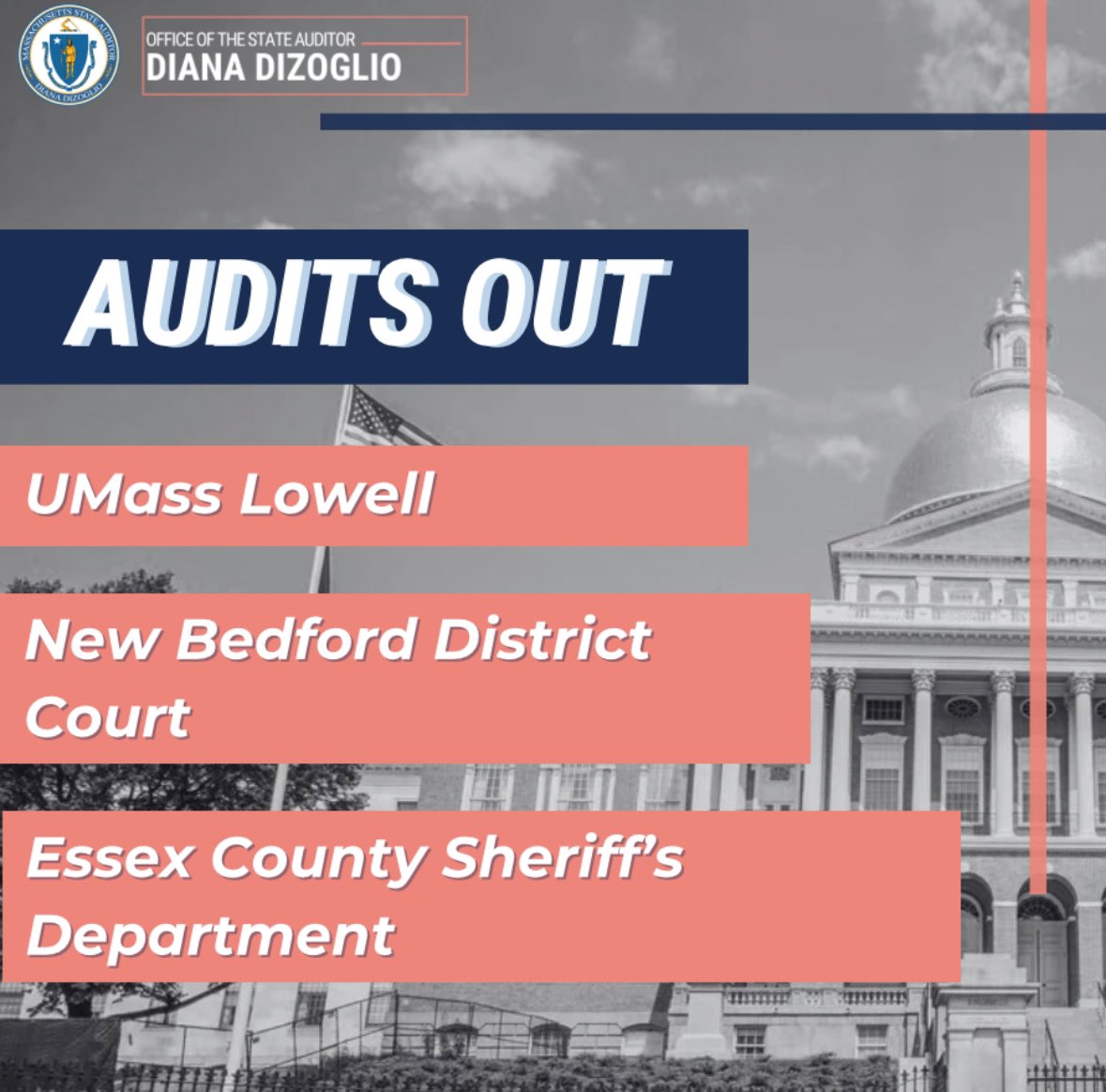 We've had a busy start to spring! In case you missed it, we released three new audits: UMass Lowell New Bedford District Court Essex County Sheriff’s Department Visit ➡️ mass.gov/lists/all-audi… to learn more and read up on the latest audits.