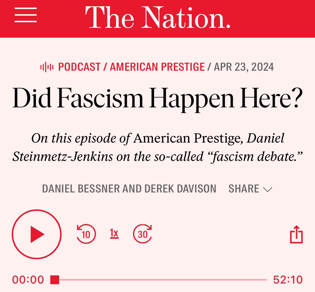 Many thanks to Danny Bessner/@dbessner and Derek Davison/@dwdavison for interviewing on the American Prestige podcast thenation.com/podcast/politi…