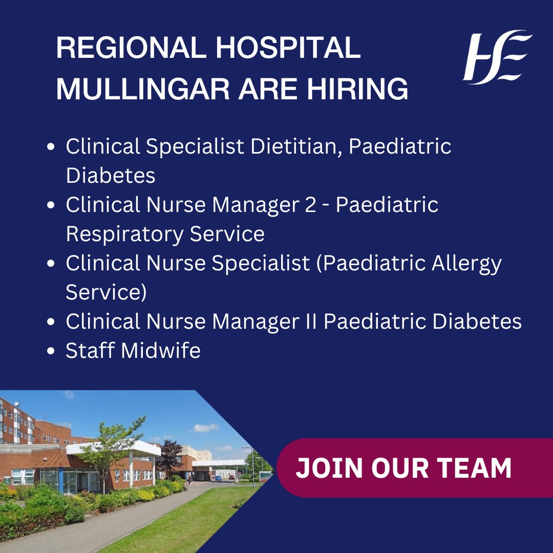 Exciting opportunities for #nurses, #midwives and #dietitians are currently available at #RegionalHospitalMullingar.  

For a full list of #vacancies and to apply: bit.ly/4cIUCL8 

#jobfairy #DMHGJobs #nursingjobs #supportedcarepathway