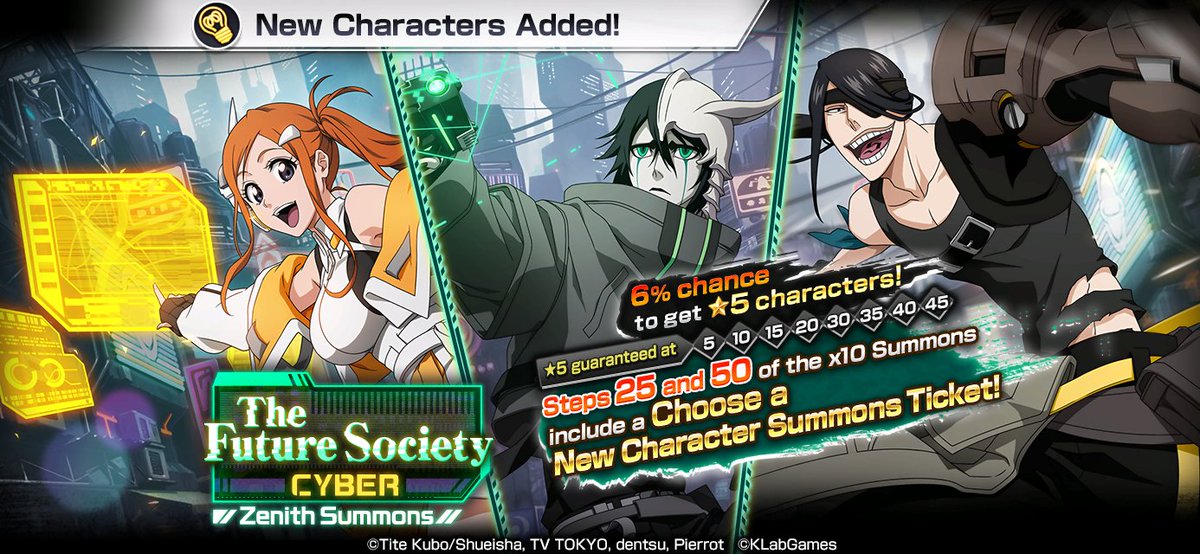 The Future Society Zenith Summons: Cyber is here! Your chance for ★5 Ulquiorra, Orihime, and Nnoitora! 
bit.ly/3flvPUi #BraveSouls