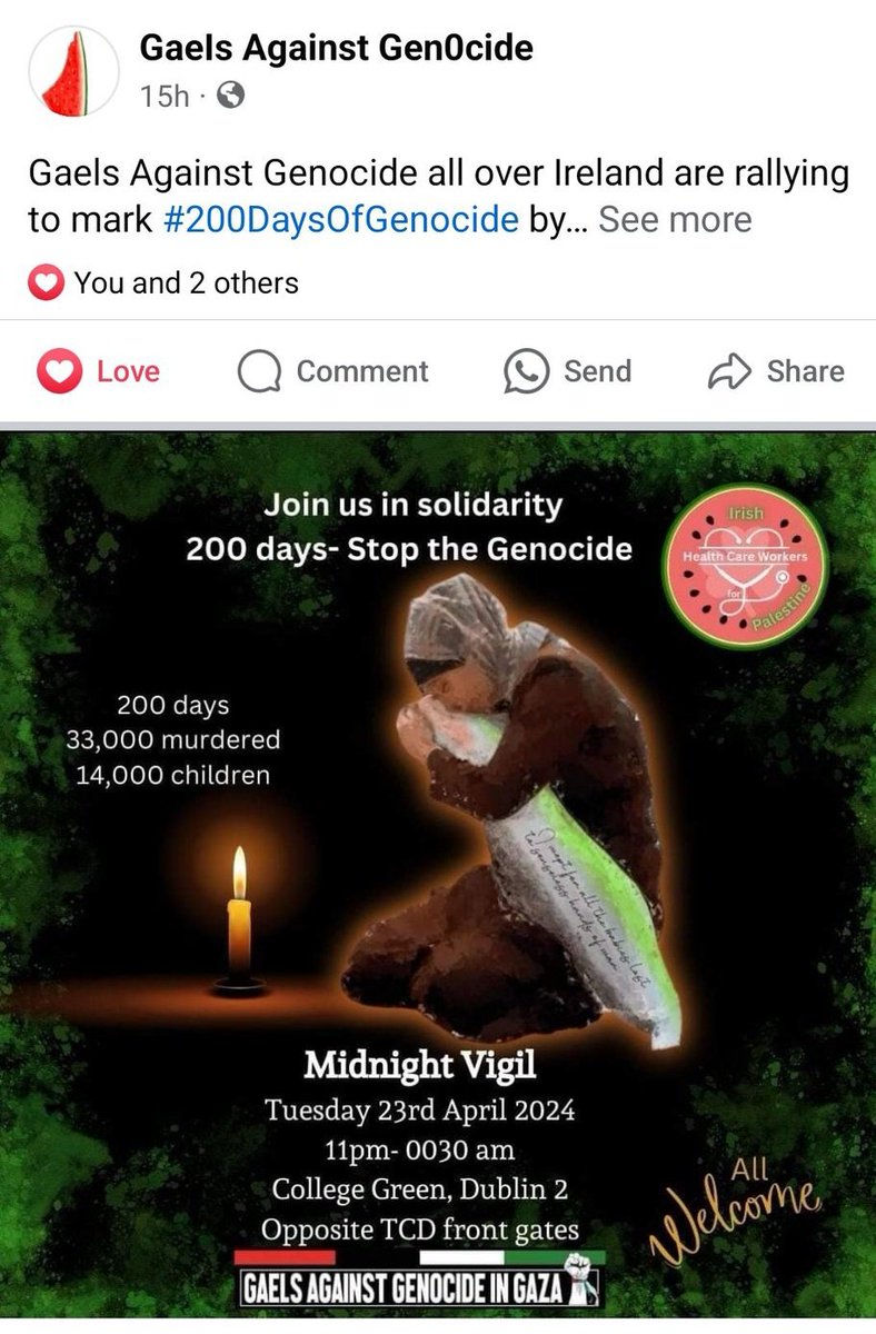 Hey if you were planning on joining Social Right Ireland today at there vigil it has been moved to College Green to team up with Irish Healthcre Workers Against Genocide. It'll be at 11pm to 12:30am hope you can make it out!! 
#FreePalesine 
#EndGenocide 
#200DaysOfGenocide