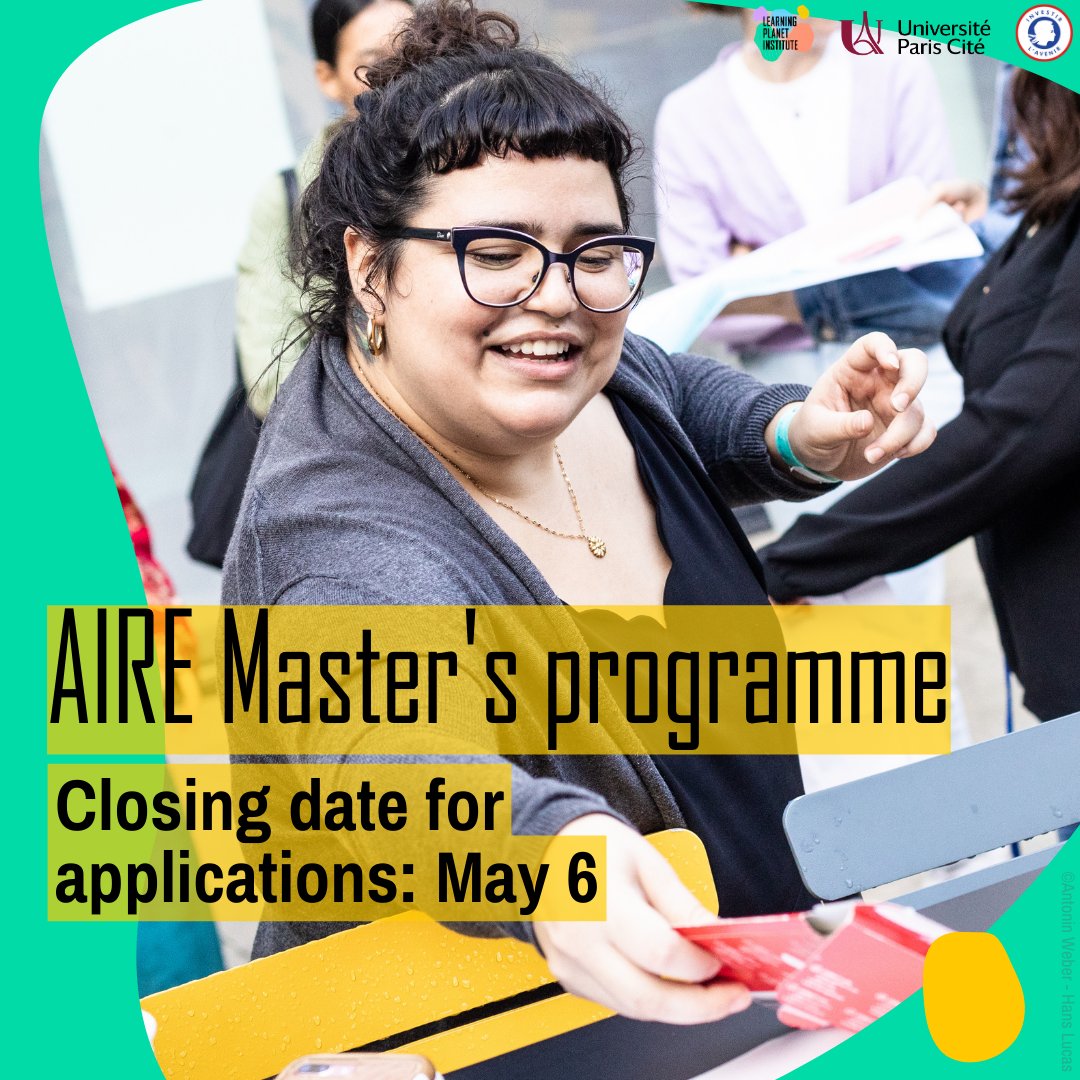 🙏 Submit your application now! 🤗 The AIRE Master is a national 2-year degree part of the EURIP Graduate School (@univ_paris_cite / @lpiparis_) offers opportunities to continue postgraduate studies with a 3-year PhD for selected applicants. 🔗 To apply: learningplanetinstitute.org/en/eurip-gradu…