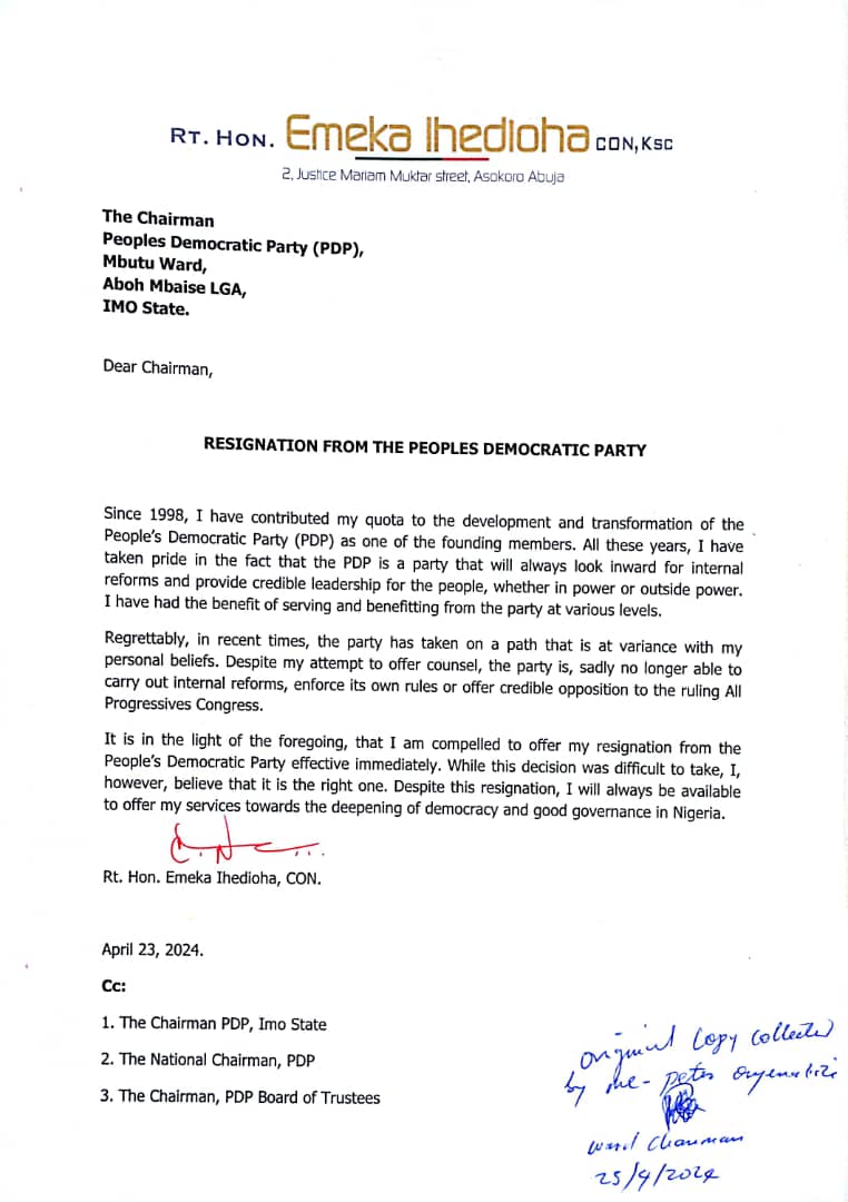 Rt.Hon. Emeka Ihedioha resigns from The people's Democratic Party (PDP)