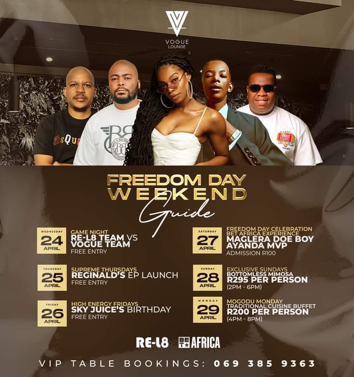Vogue Lounge 014 gig guide!! We are all ready and set! 🏆🥂🏆. 

Celebrate Freedom Day the only way it matters, the Vogue Way!! 🇿🇦🏆🇿🇦

#WeareVogue 
#homeoftheblackdiamonds
