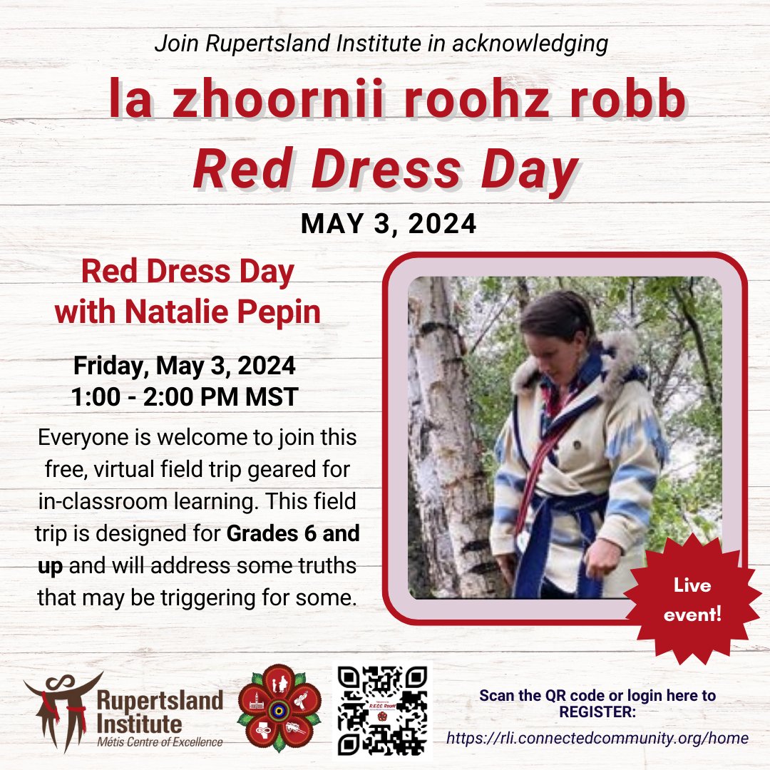 Grades 6+ students are invited to join RLI and Métis Knowledge Holder Natalie Pepin for this virtual field trip designed for in-school learning on Fri, May 3, 1:00-2:00 PM MST. Login to the RECC Room to register today: rli.connectedcommunity.org/home