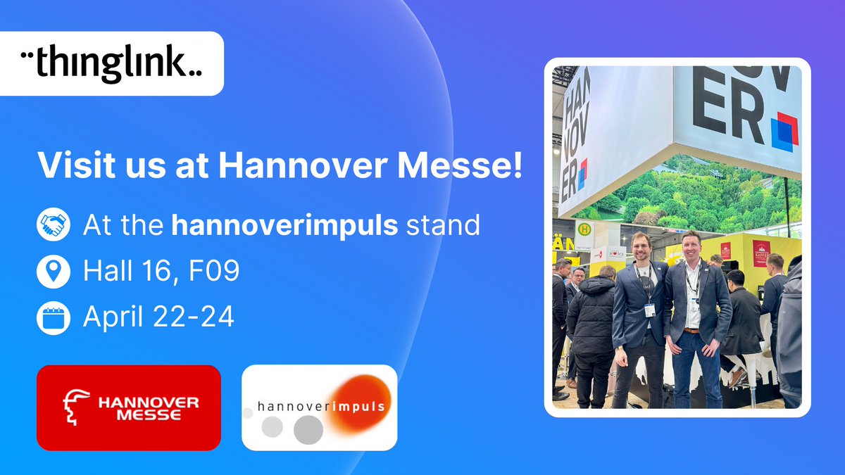 🇩🇪 @ThingLink is at @hannover_messe! Visit @aleksikomu & Andreas Fischer on @hannoverimpuls Stand: F09/Hall 16. Or why not connect via LinkedIn/#hannovermesse platform to arrange a meeting? 🙏Thanks to Peter Eisenschmidt & Cornelia Bentrup of #hannoverimpuls for inviting us!