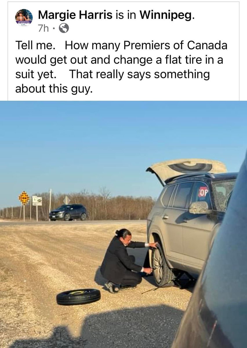 Want to know what kind of guy Manitoba has for a Premier?
A guy that stops to change a tire while wearing a suit.
How many of you think YOUR Premier would do the same?
Well done Sir! Well done indeed!
#mbpoli #cdnpoli #cdnpolitics