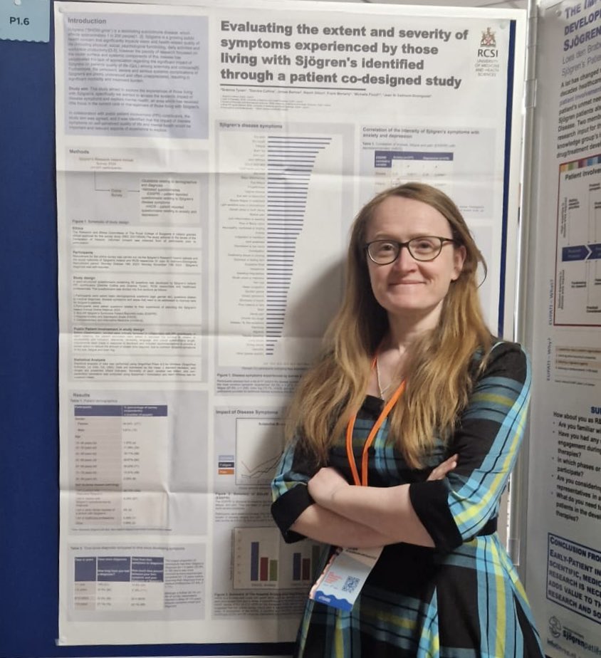 We’re very happy to have our co-created poster at the International Symposium on #Sjogren’s Disease #ISSD2024. The poster presents the results of our survey with @RCSI_Irl @RCSIPharmBioMol @OcularOirg . Many thanks to @JGabhann for travelling to 🇳🇱 & to all our participants 👏👏