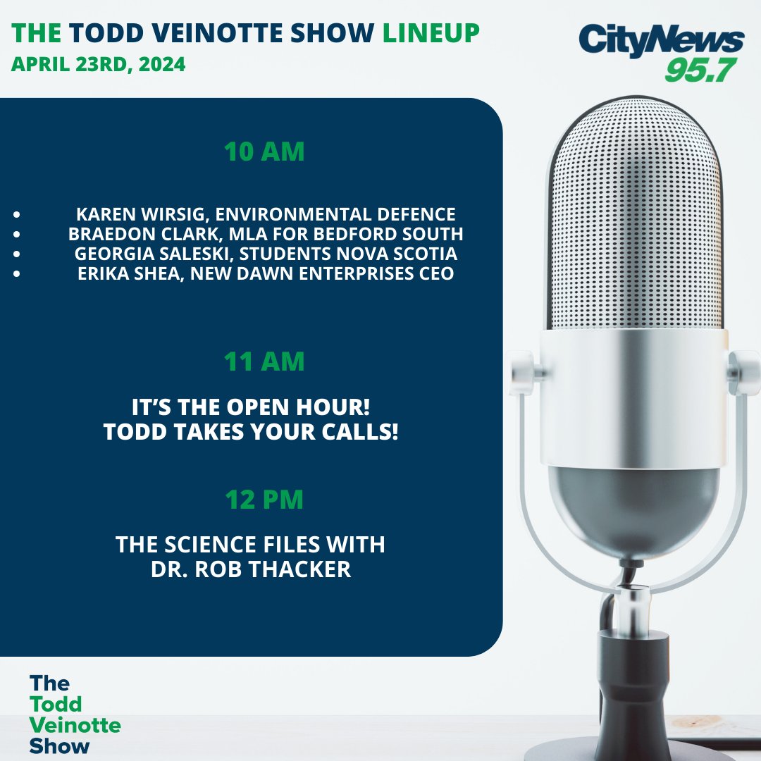 CityNewsHFX's tweet photo. Today on The Todd Veinotte Show:
- New schools in the Halifax region are already facing overcrowding
- The Science Files with Dr. Rob Thacker
Join the program at 902-405-6000 or call Todd's Talkback Line at 902-417-0673. 
Don't forget you can listen live: https://t.co/7J8cBQ6bXd https://t.co/CZ1ev22hWG