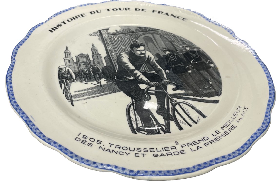 I'm trying to track down this plate from a 1936 collection of #TourDeFrance commemorative plates. It's number 2 in the collection & features Louis Trousselier on his way to the overall win in 1905. No joy on eBay (UK and FR). Any other good recommended market places?!