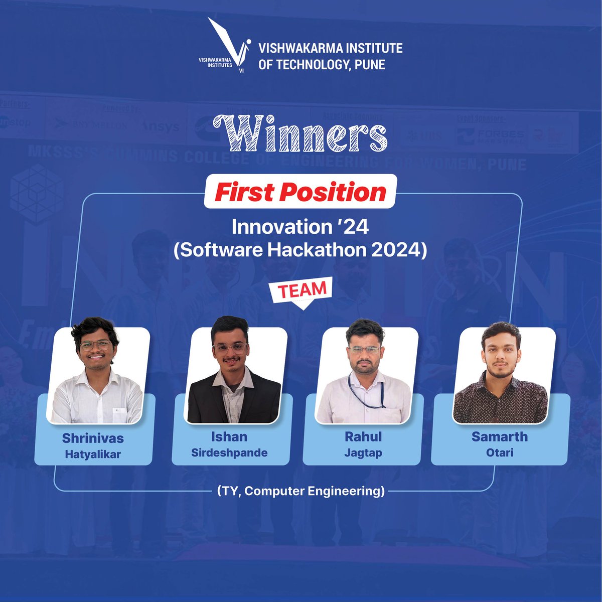 Congratulations to the winners of the First Position in Innovation ’24 (Software Hackathon 2024) 
#Innovation24 #HackathonWinners #SoftwareHackathon #TechInnovation #FirstPlace #CodingExcellence #TeamworkWins #FutureTechLeaders #engineeringinstitute #engineeringcollege
