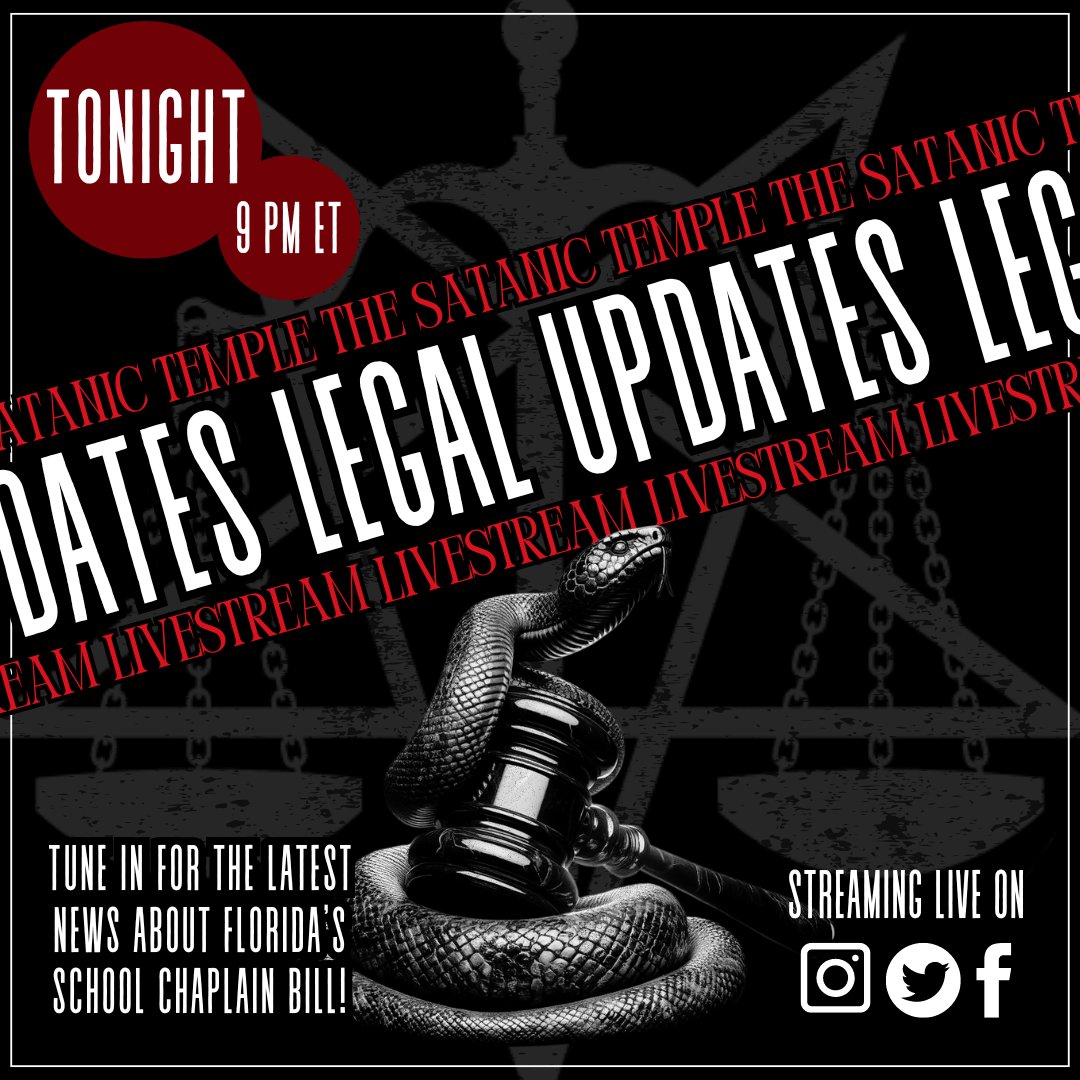 Don't miss tonight's Legal Updates livestream! Catch the latest news on FL's school chaplain bill with TST co-founder Lucien Greaves & special guest Hemant Mehta of FriendlyAtheist.com. The livestream starts @ 9 PM ET tonight, on TST's FB, Instagram, & Twitter! @hemantmehta