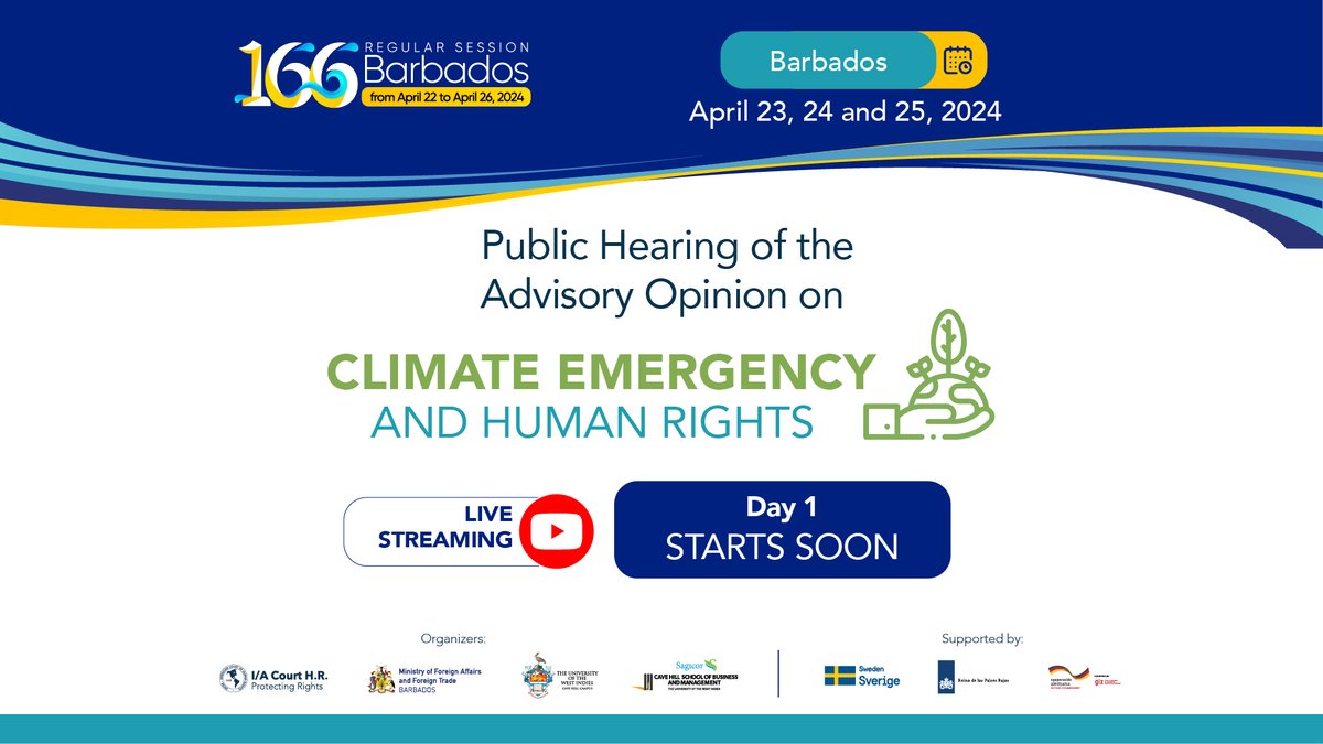 CorteIDH's tweet photo. 📌 The Public Hearing on the Request for Advisory Opinion related to Climate Emergency and Human Rights is set to start shortly.
🔴 Don't miss the live streaming available on the Inter-American Court's social media.
#166RegularSession
#InterAmericanCourtinBarbados https://t.co/ifJenrMivO