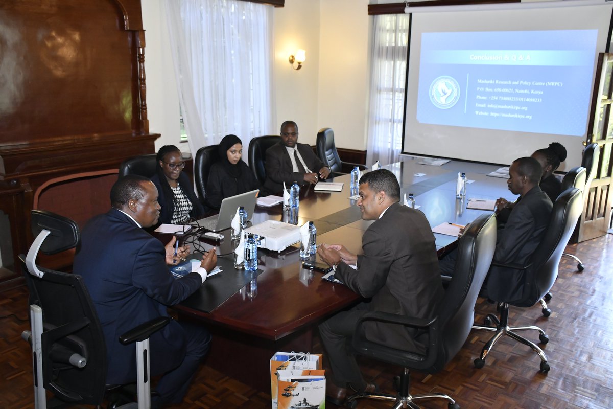masharikirpc's tweet photo. On 22nd April 2024, Brig (Rtd) Dr. Robert Kabage, PhD, EBS, CEO of MRPC hosted Captain (IN) Velagada Shirdikant Defence Advisor, High Commission of India in Kenya for a consultative meeting at the Centre in Nairobi.
 
#maritimesecurity #trade #development 
@IndiainKenya https://t.co/xUyLrmZvjo