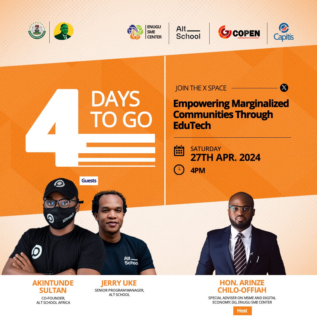 Join us @enugusmeagency for an engaging discussion with @hackSultan and @JerryUke of @AltSchoolAfrica on 'Empowering Marginalized Communities Through EduTech' at X Space. Date: Saturday, 27th April 2024. Time: 4 PM See you there!!