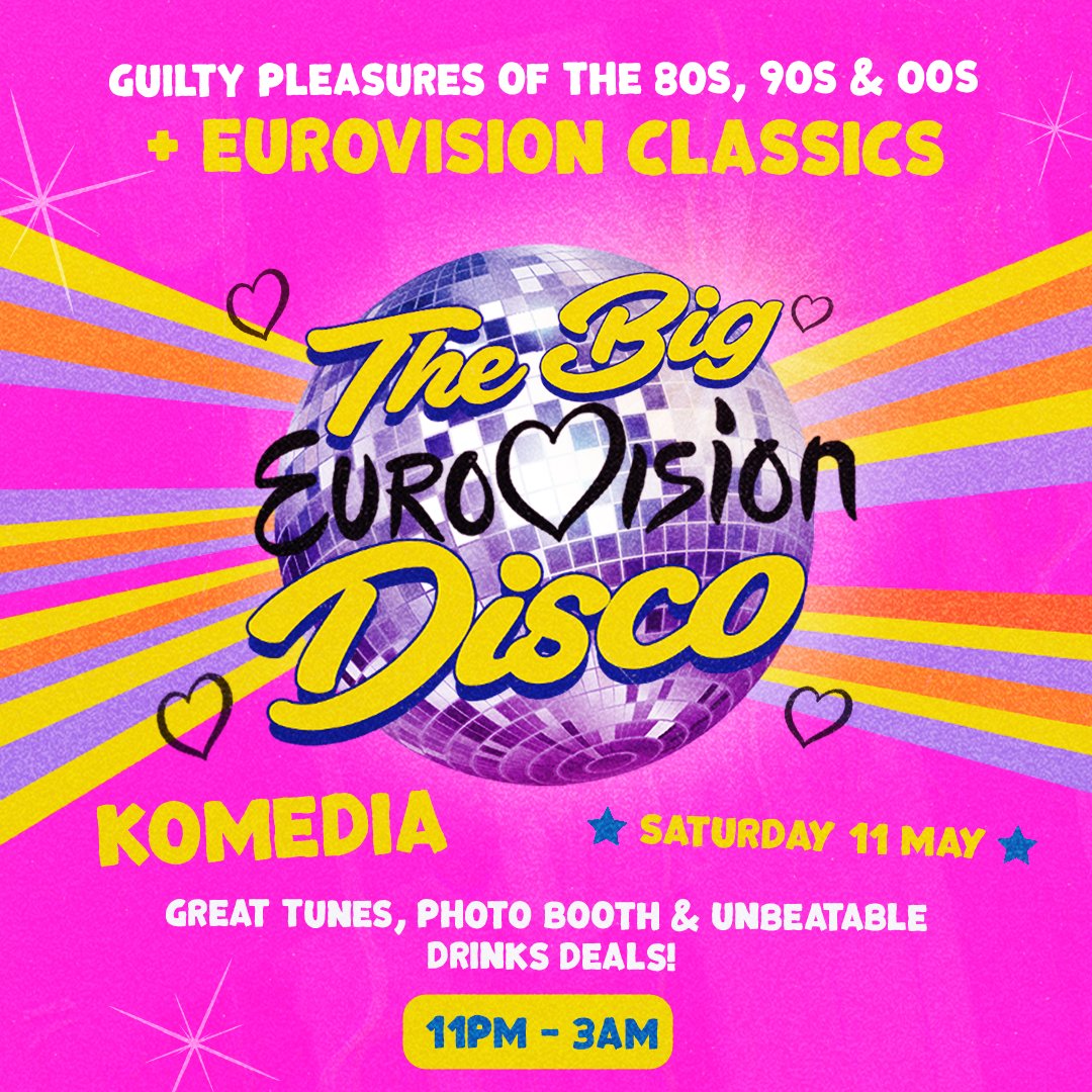 Experience pure ‘Euphoria’ at The Big Eurovision Disco! One enormous party with all the biggest Eurovision hits, along with your fave guilty pleasures from the 80s, 90s & 00s!🎉 PLUS we'll be streaming the results on our big screen!📺 🎟️komediabath.co.uk/events/1285320… #Eurovision2024