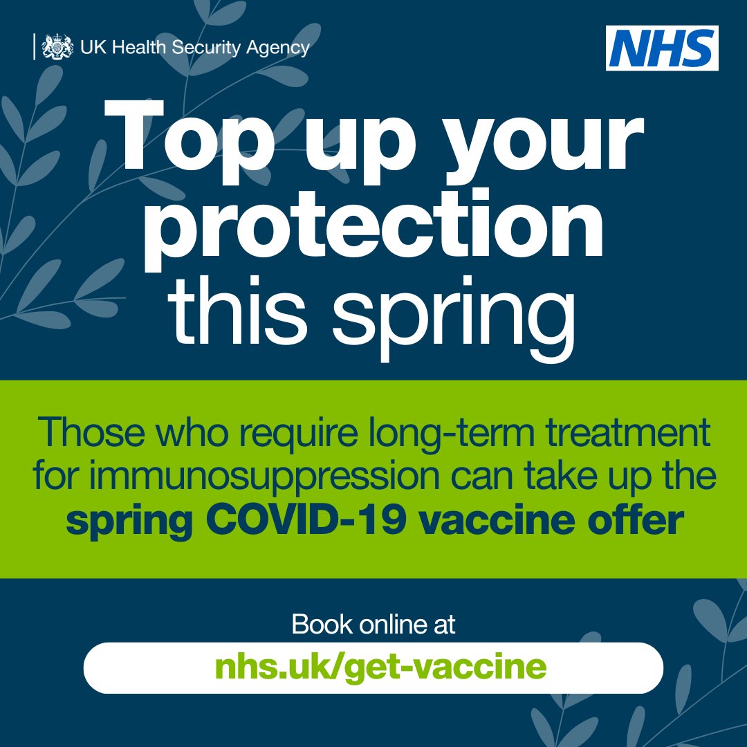 Eligible people, including those who require long-term treatment for immunosuppression, can now book their spring #COVID19 vaccine online or via the #NHSapp 📱 Find out more and book at: nhs.uk/conditions/cov…