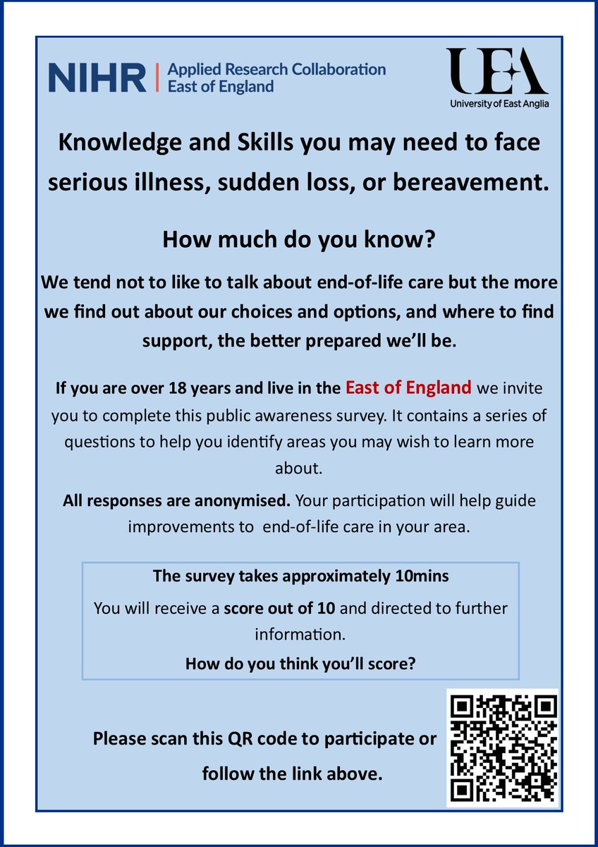 Hospices of the East, please share this public awareness survey to support improvements to end of life care across the region rb.gy/rc5270 @KeechHospice @StElizabethHosp @StHelenaHospice @ArthurRankHouse @stnichhospice @IsabelHospice @hospicestclare @SueRyderStJohns