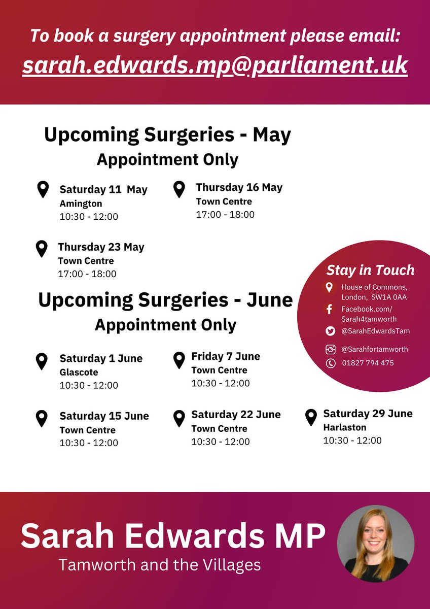 I will be hosting a series of in-person surgeries over May and June. To book an appointment, please email me at sarah.edwards.mp@parliament.uk.