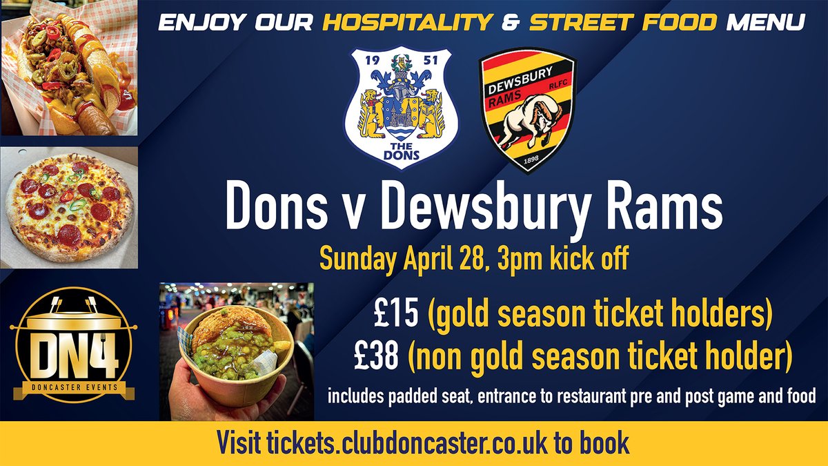 🥂 Matchday hospitality for just £38 Dons v @DewsburyRams Enjoy our delicious one course street food menu, a match ticket and access to the restaurant for just £38. Book now here 👇 bit.ly/4dbCxWA The deadline to book is midday Thursday April 25. #COYD