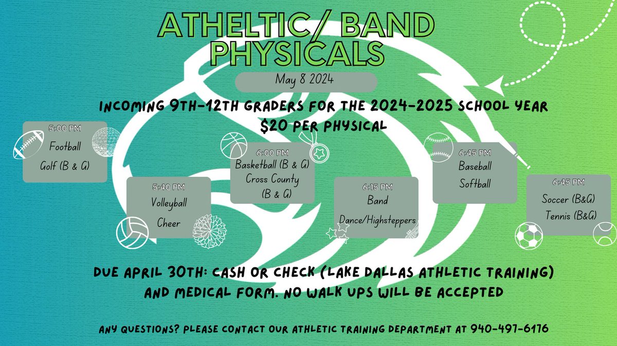 Payment and forms are due April 30th!! 
Sign up for your $20 May 8th physical.