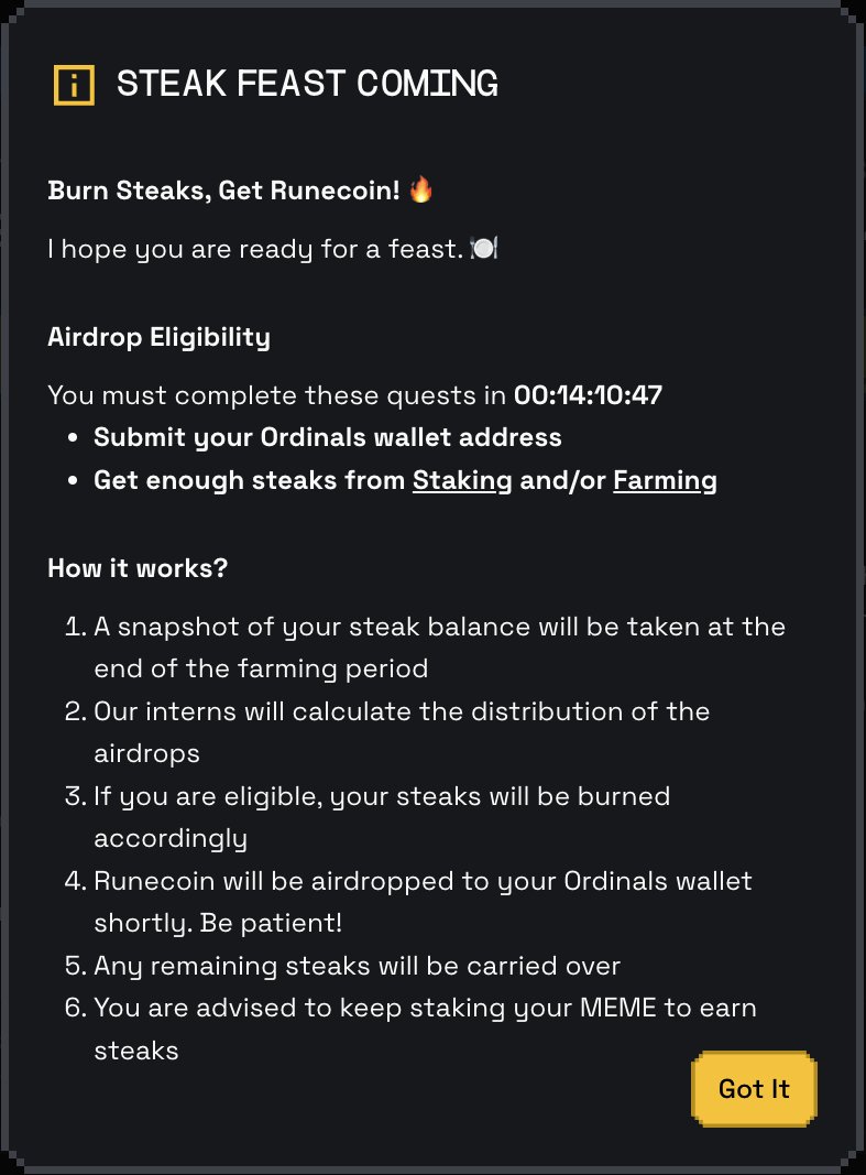 Memeland's tweet photo. [12 HOURS ⏰] [FINAL CALL]

🕙 @Rune_coin farming is ending at 10AM HKT, 24 April 2024

🥩 Last Quest: Stake 690 $MEME or more on @Stakeland to get 69,000 steaks

👛 Submit your Ordinal wallet address, or you will NOT get any rewards

💰 The best time to stake $MEME was last month. The next best time is now. The next project is coming soon

➡️ https://t.co/6g2s0EVjNE