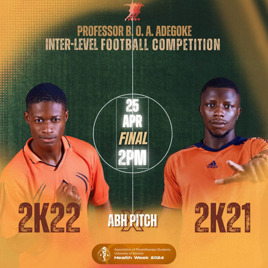 APSITES!

 We’re thrilled to announce the grand finale of the departmental Inter-Level match in Physiotherapy, and it’s going to be a battle for the ages:

🏆 Thursday, April 25, 2024
🕑 2:00 PM
400 LEVEL  vs. 500 LEVEL