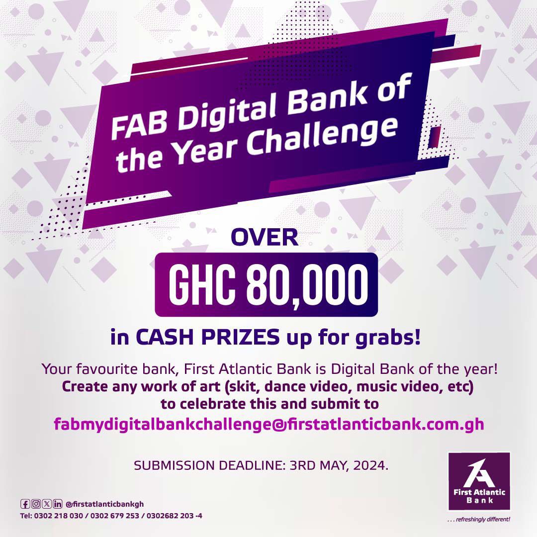 You must also be a Ghanaian and not an employee of first Atlantic Bank to stand a chance of winning the Gh¢80,000.00 cash prize available
#FABmyDigitalBankChallenge 👍👍✌✌