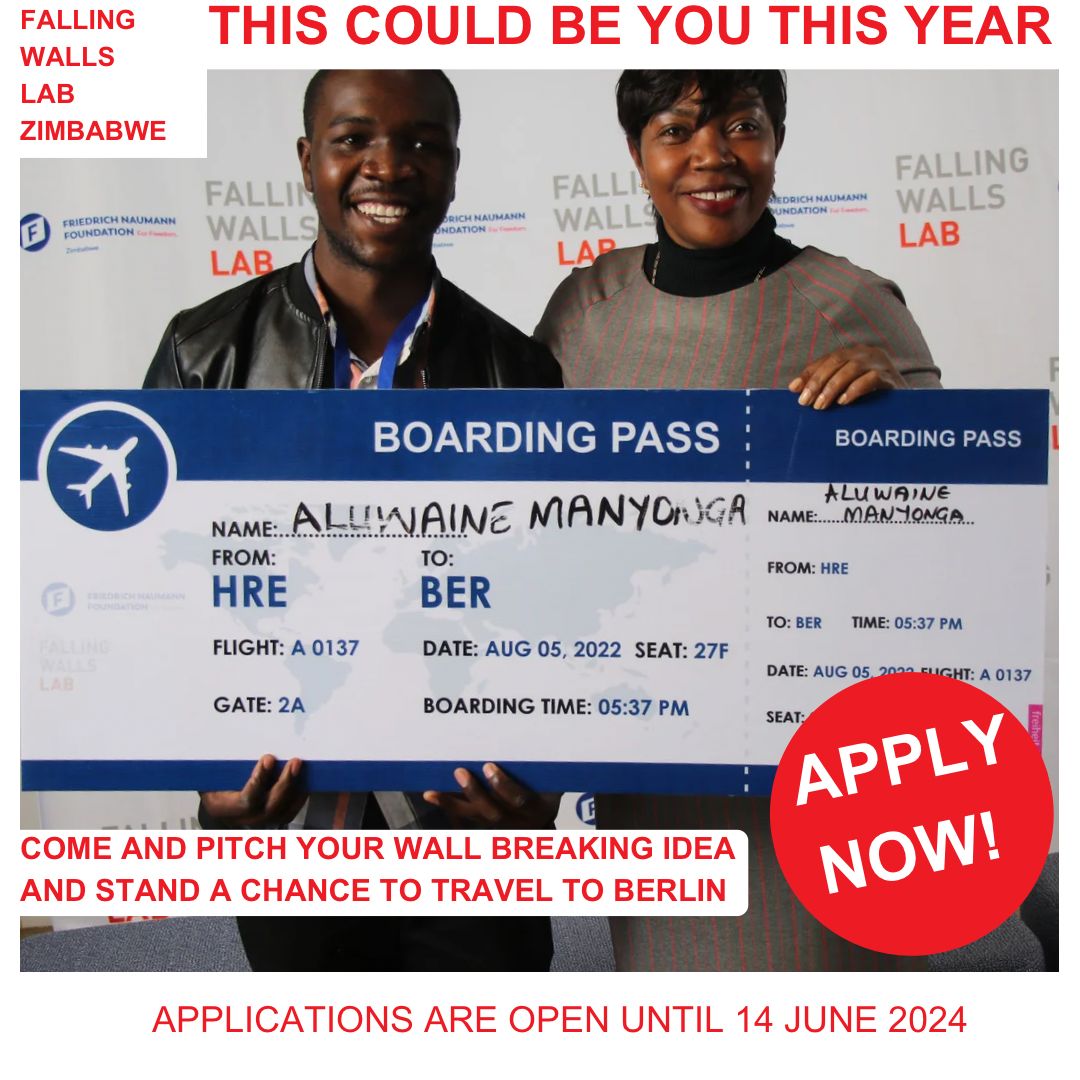 Do you have an innovative idea that could change the world? Then this could be YOU! Apply to Falling Walls Lab Zimbabwe 🇿🇼 for a chance to travel to Berlin 🇩🇪 and pitch your idea on a global stage! Applications open until June 14! #FallingWallsLab #Innovation #FWLZIM2024