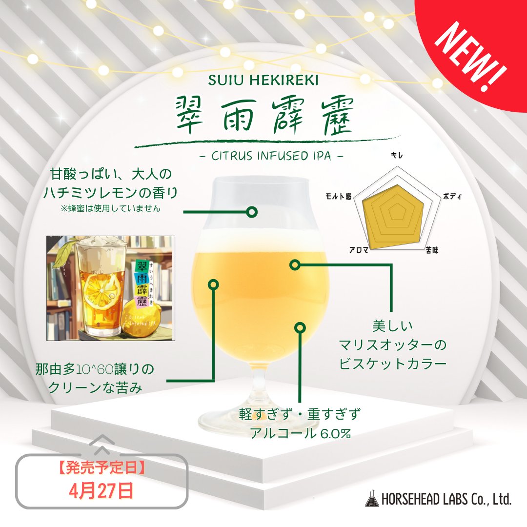 HHL_New's tweet photo. 【発売情報】
商品名：翠雨霹靂（すいうへきれき）
スタイル：Citrus Infused IPA
ABV：6.0%
業務販売開始：4月27日(土)14時〜 https://t.co/3zebXp9Pda
一般販売開始：4月27日(土)20時10分〜  https://t.co/LQ1bCv5Jc1
工場直売：4月28日(日)～
#HORSEHEADLABS #翠雨霹靂 https://t.co/5bYie0lBe9