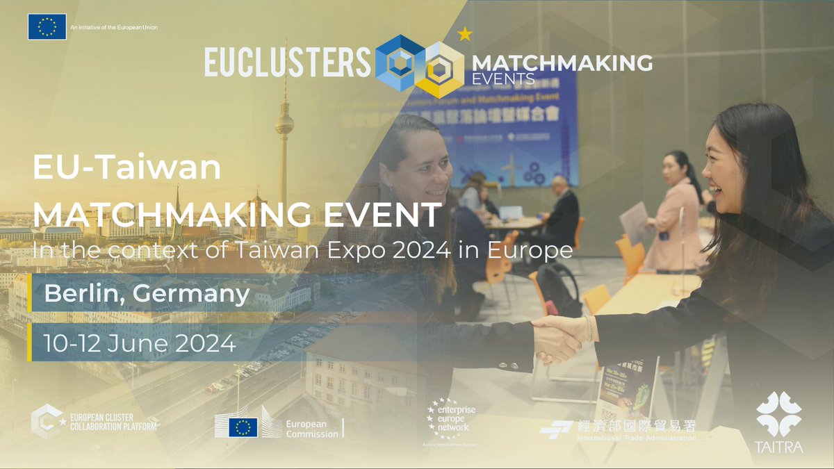 Interested in the Taiwanese market? Want to meet clusters and companies from Taiwan? 🇹🇼 Join the EU-Taiwan #ECCPMatchmaking event in Berlin 🇩🇪, 10-12 June 2024. ⏳ Deadline to apply: 25 April Submit your expression of interest now via the #ECCP⬇️ clustercollaboration.eu/content/eu-tai…