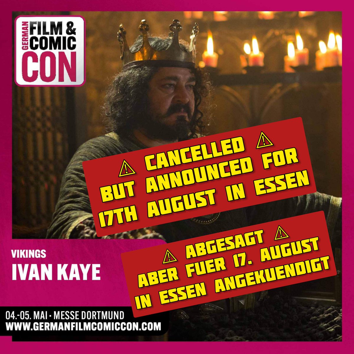 ⚠️Important Info⚠️ Ivan can't make it to the con on 14 May. He is disappointed himself BUT hopes to meet you all on 17 August in Essen! You can keep & use your extra tickets & request to get your entry ticket accepted by 26 April at service@weloveconventions.com!
.
#IvanKaye
