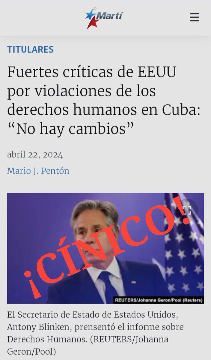 Blinken viene a hablar de Derechos Humanos en Cuba cuando es el Departamento de Estado quien incluye sin justificación a la isla en una lista de supuestos 'promotores del terrorismo' únicamente para imponer sanciones contra el pueblo cubano. ¡No sea cínico Antony Blinken!