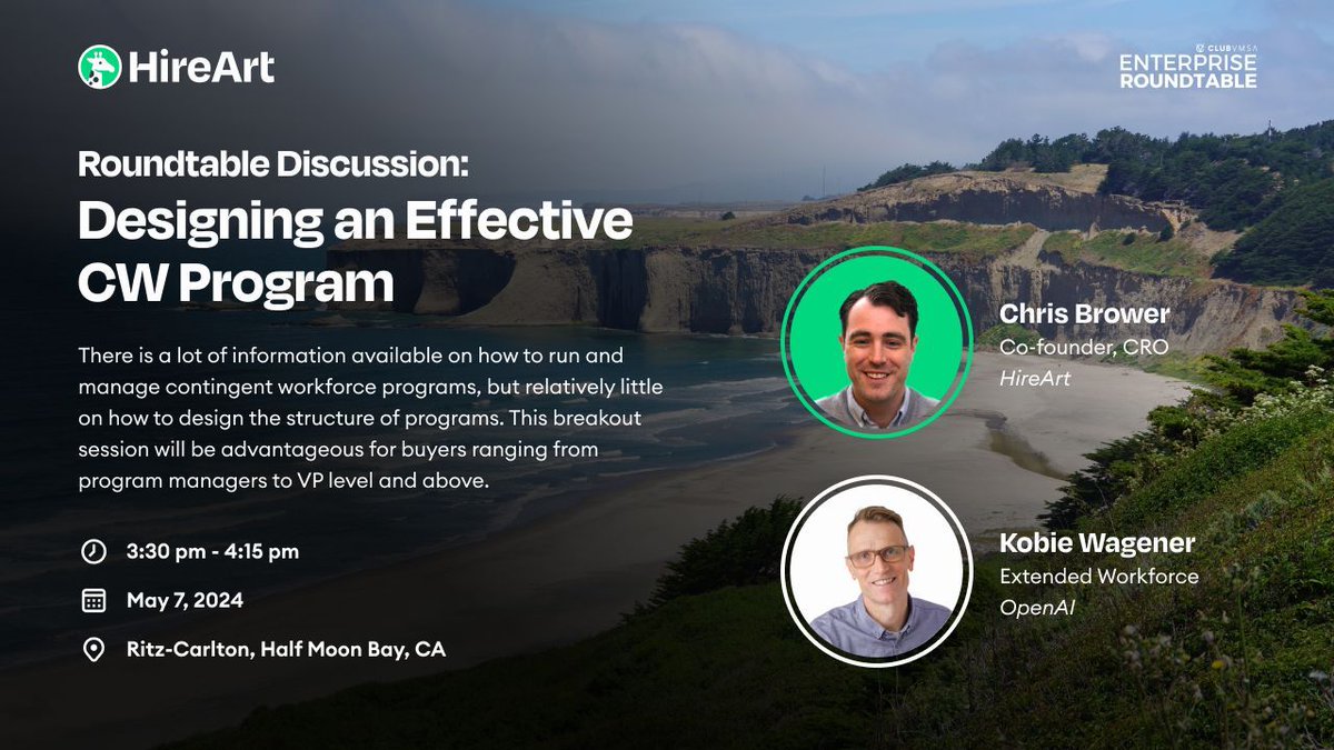 HireArt's tweet photo. Come check out our discussion this May 7th! HireArt's Chris Brower is joined by Kobie Wagener of OpenAI for a thoughtful conversation on designing effective CW programs.
#ClubVMSA #extendedworkforce #contingentlabor #contingentworkforce #staffing #talentacquisition #procurement https://t.co/Jj83Xp8V8z
