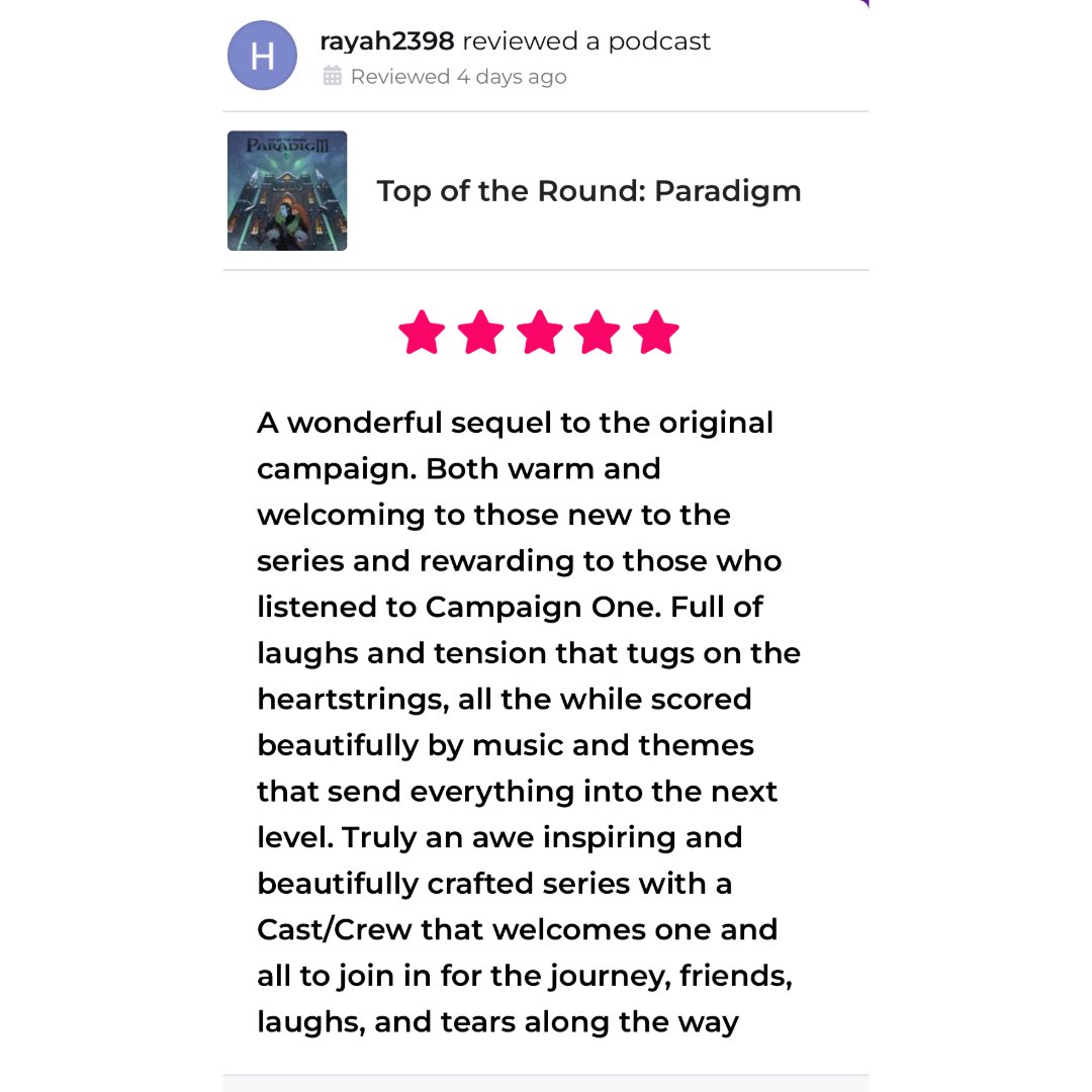 What a wonderfully lovely review from one of our amazing supporters! It’s not too late to join the adventure. 🥰 open.spotify.com/show/7udjOuTB2… Join us! #supportindiepodcasts #podernfamily #actualplay #pathfinder #pathfinder2e #actualplaypodcast #gamemaster