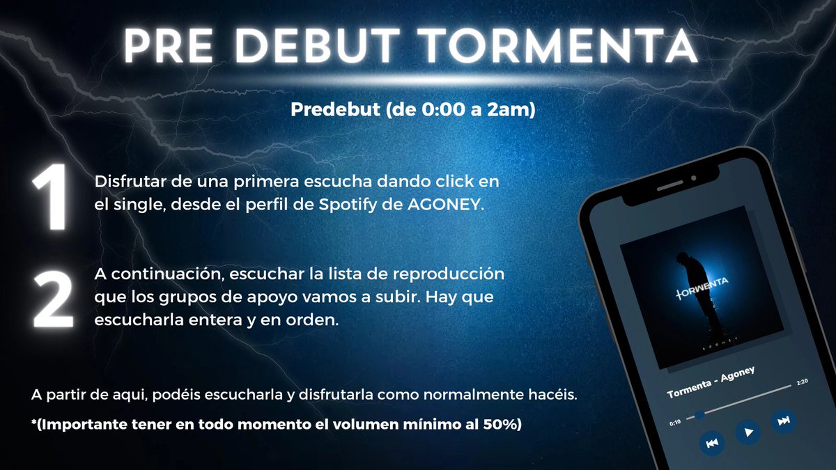 ℹ️| Aquí tenéis la playlist para el pre-debut de 'Tormenta'. El viernes sobre las 00:05 estará actualizada y podréis escucharla en orden y durante las dos horas que dura para que compute. (La primera escucha será desde el perfil de Spotify de Agoney)⚡ 🔗open.spotify.com/playlist/3t8DY…