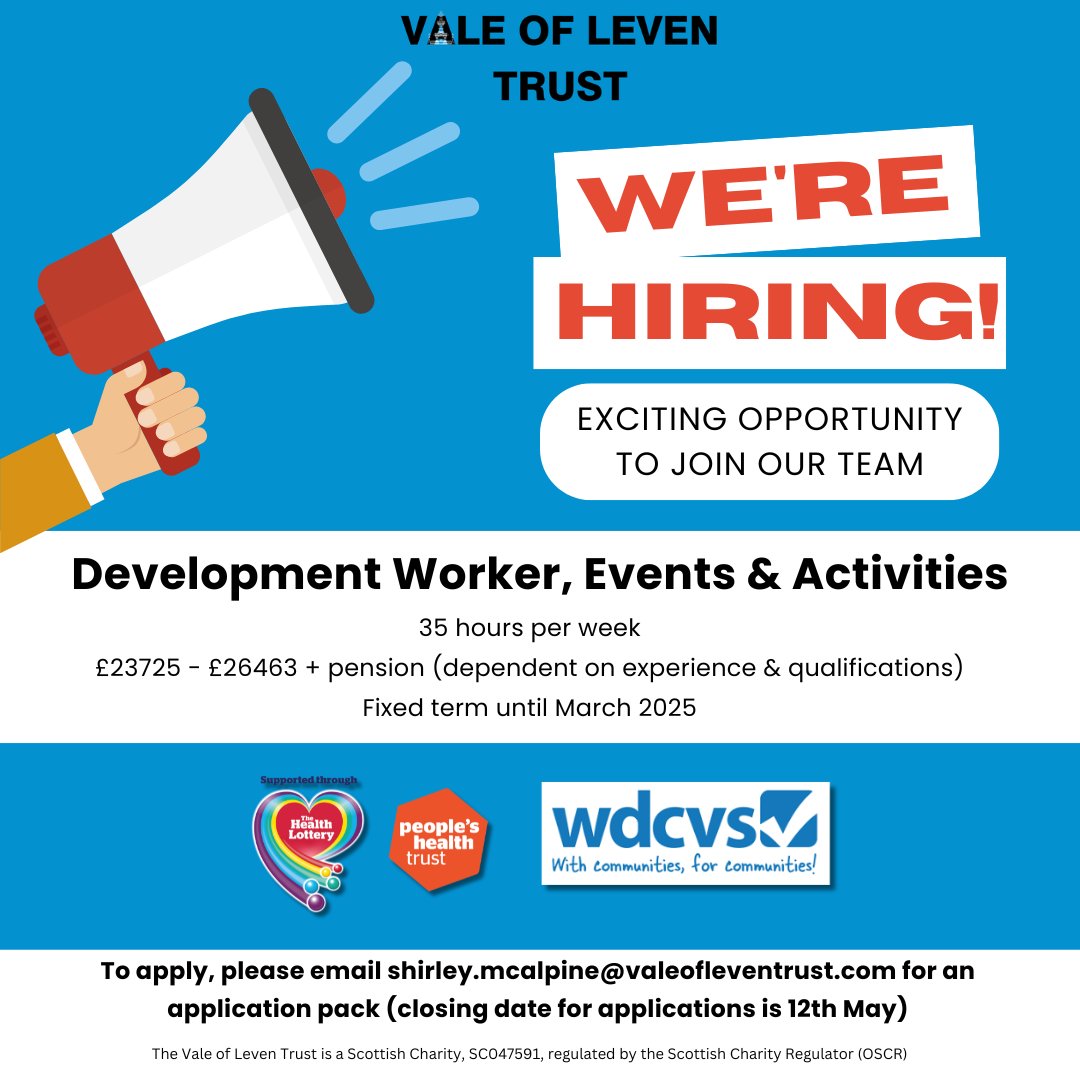 WE ARE HIRING! This is an exciting opportunity to join our team and make a difference to the Vale of Leven.  (Closing date for applications is 12th May 2024). #valeofleventrust #westdunbartonshire #wdcvs #peopleshealthtrust #community #jobopportunity