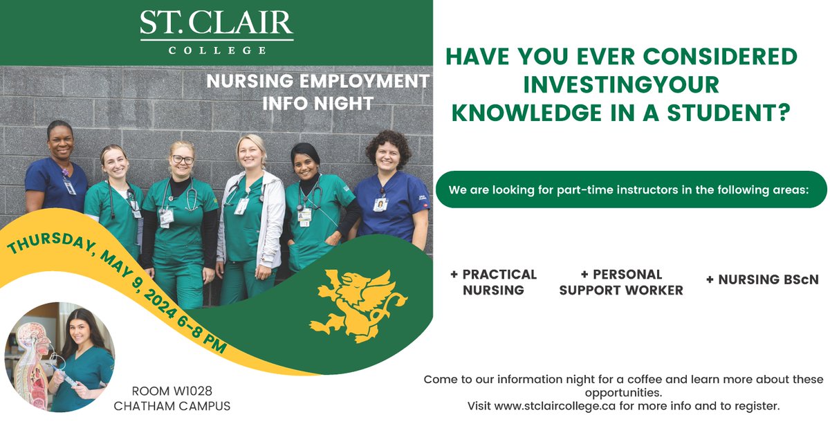 Recruitment Night for Part-Time Clinical Instructors We’re seeking instructors for our Personal Support Worker, Collaborative Nursing, and Practical Nursing programs. Don’t miss this opportunity! 📝 Register to attend our upcoming event here stclaircollege.ca/events/nursing…