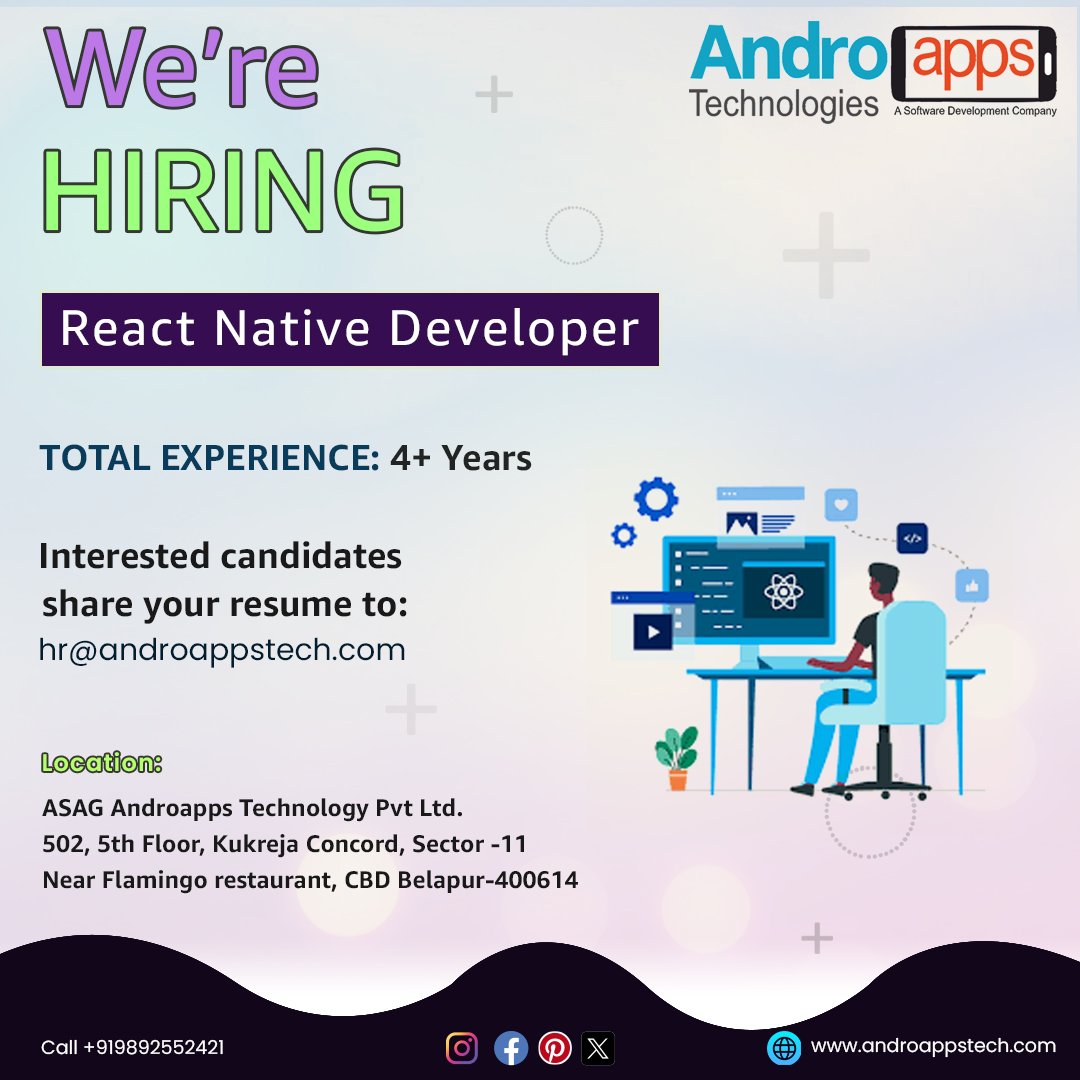 🚀 Join our team at AndroApps! 📱 We're on the hunt for a talented React Native Developer to craft seamless mobile experiences. 

Apply Now!!!
Send your resume to hr@androappstech.com
.
.
.
#Androapps #Hiring #ReactNative #ReactNativeDeveloper #DeveloperJobs #MobileApps